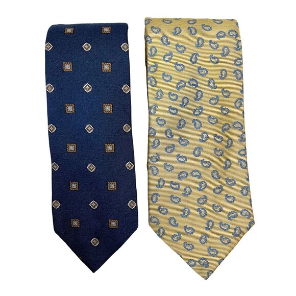 Brooks Brothers Silk Ties Lot of 2 Navy Blue Yellow Geometric Paisley - Picture 1 of 4